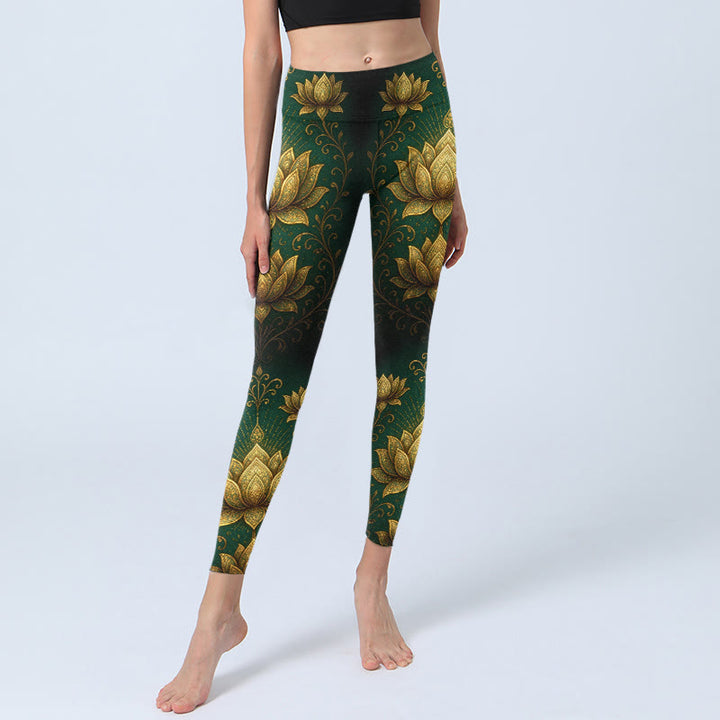 Buddha Stonesと黄金の蓮の模様プリントのジムレギンス レディース ヨガパンツ - image 5