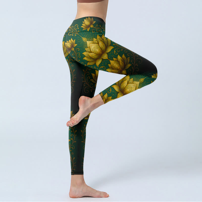 Buddha Stonesと黄金の蓮の模様プリントのジムレギンス レディース ヨガパンツ - image 3