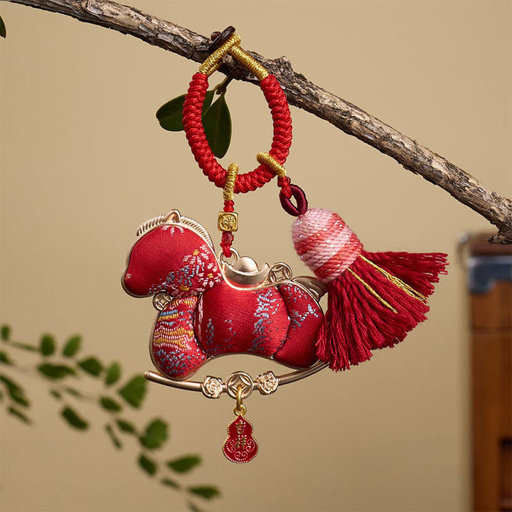 Buddha Stones多色 午年 ひょうたんインゴットデザイン 自由と豊かさのキーホルダー - レッドホース 12×3mm - image 0