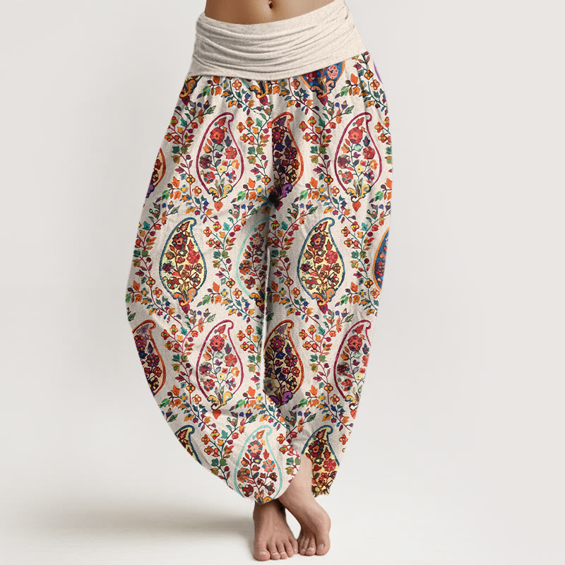 Buddha Stonesコットンの鮮やかな色合いのレトロな花と葉の柄のレディース伸縮性ウエストハーレムパンツ - ベージュ - US16、 UK/AU20、 EU48 (3XL) - image 8