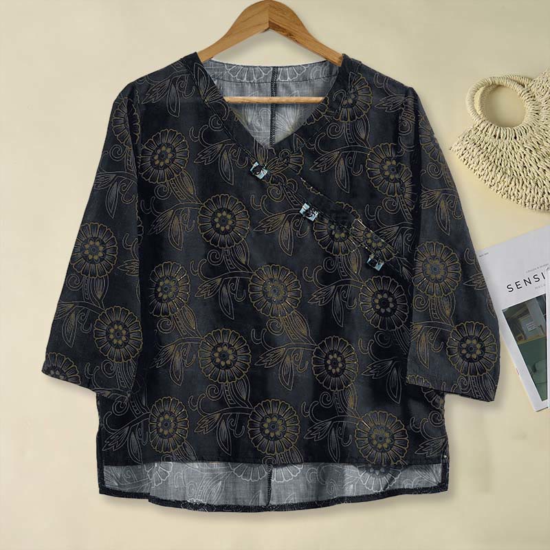 Buddha Stones春 Vネック プリント 花柄 レディース 長袖シャツ - 黒 - US8-10，UK/AU12-14，EU40-42 (2XL) - image 11