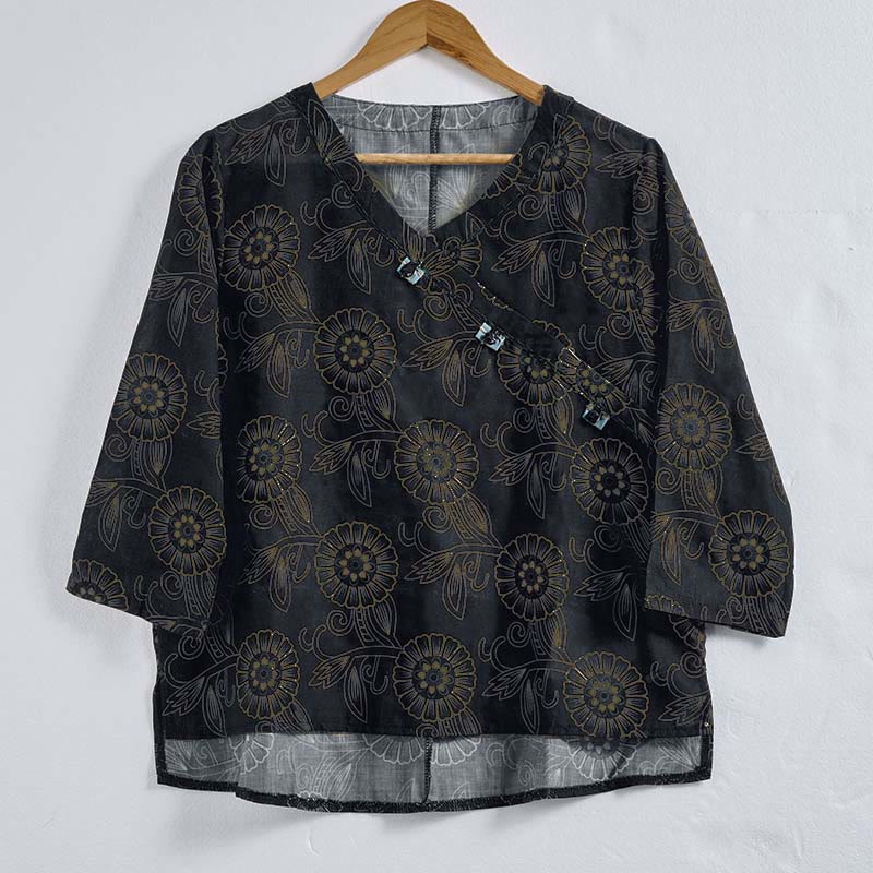 Buddha Stones春 Vネック プリント 花柄 レディース 長袖シャツ - image 12