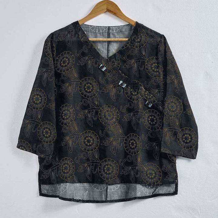 Buddha Stones春 Vネック プリント 花柄 レディース 長袖シャツ - image 12