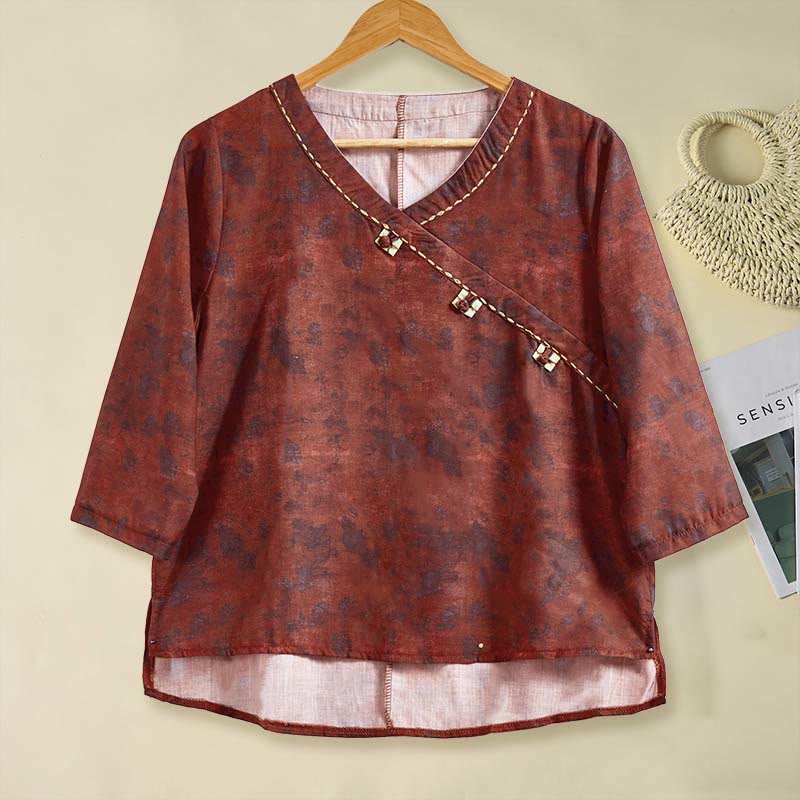Buddha Stones春 Vネック プリント 花柄 レディース 長袖シャツ - 耐火レンガ - US8-10，UK/AU12-14，EU40-42 (2XL) - image 14