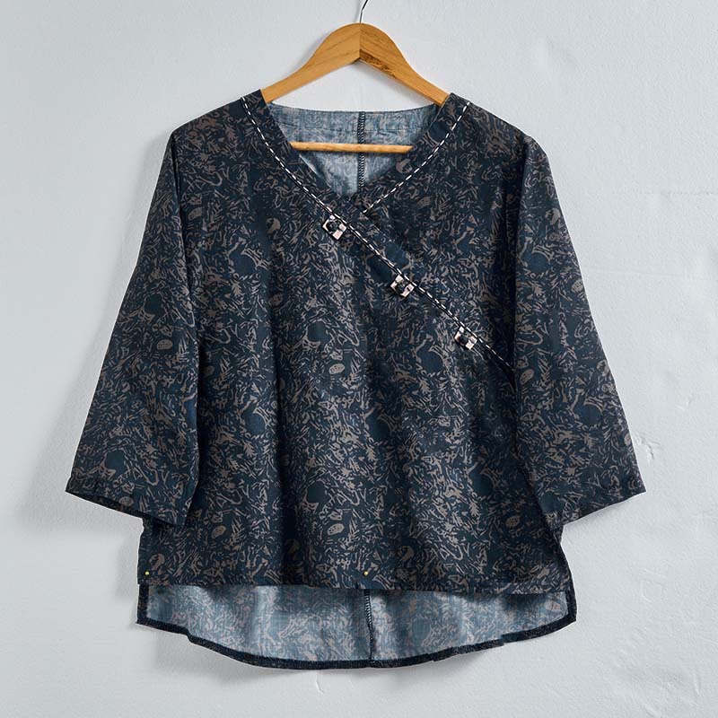 Buddha Stones春 Vネック プリント 花柄 レディース 長袖シャツ - ダークスレートグレー - US8-10，UK/AU12-14，EU40-42 (2XL) - image 18