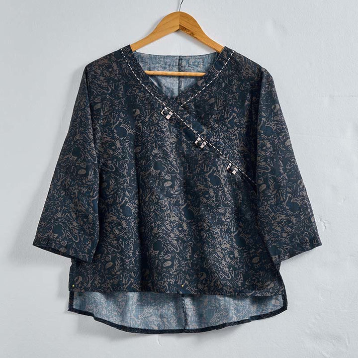 Buddha Stones春 Vネック プリント 花柄 レディース 長袖シャツ - ダークスレートグレー - US8-10，UK/AU12-14，EU40-42 (2XL) - image 18