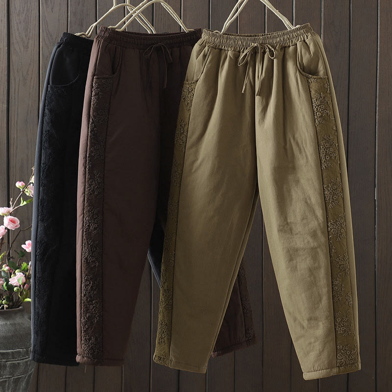 Buddha Stonesの花柄コットンポリエステル刺繍入り厚手レディースパンツ（ポケット付き） - image 0