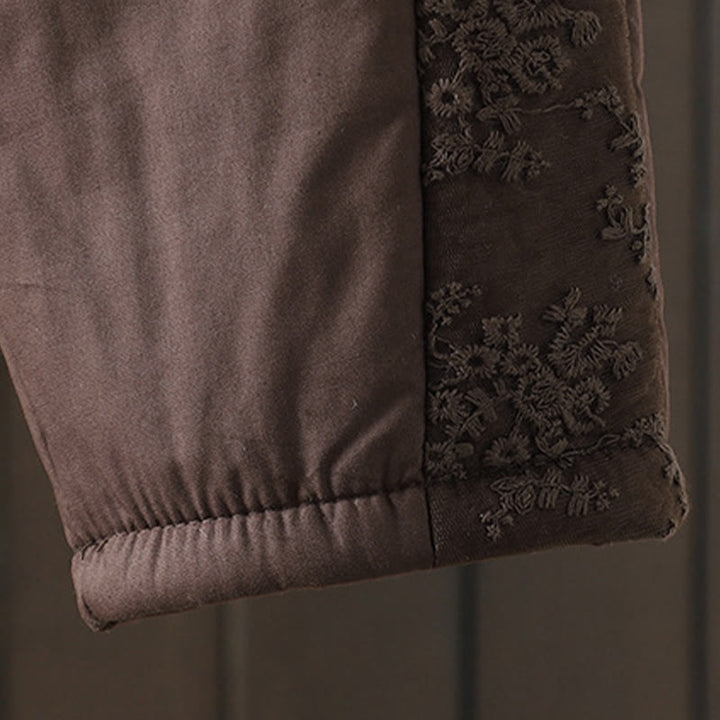 Buddha Stonesの花柄コットンポリエステル刺繍入り厚手レディースパンツ（ポケット付き） - image 5