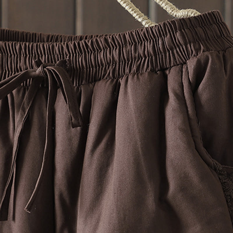 Buddha Stonesの花柄コットンポリエステル刺繍入り厚手レディースパンツ（ポケット付き） - image 3