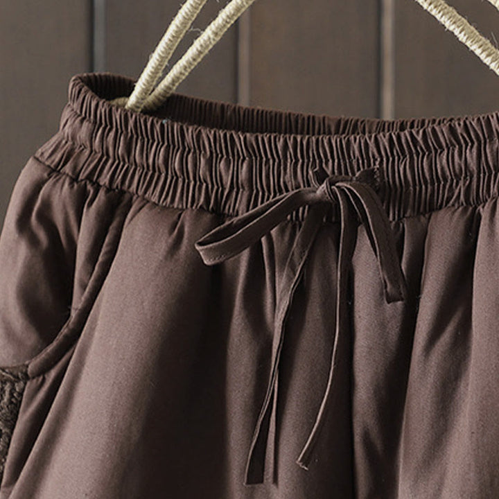 Buddha Stonesの花柄コットンポリエステル刺繍入り厚手レディースパンツ（ポケット付き） - image 2