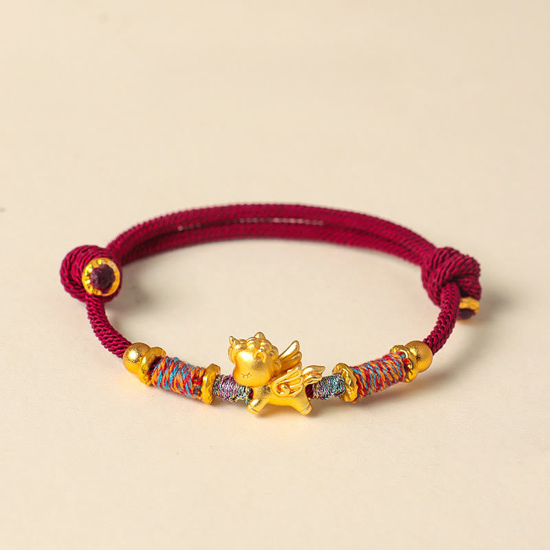 Buddha Stones馬年 999 スターリングシルバー メッキ 金編み紐守護ブレスレット - ダークレッドロープ（手首周り：15～18cm） - image 1