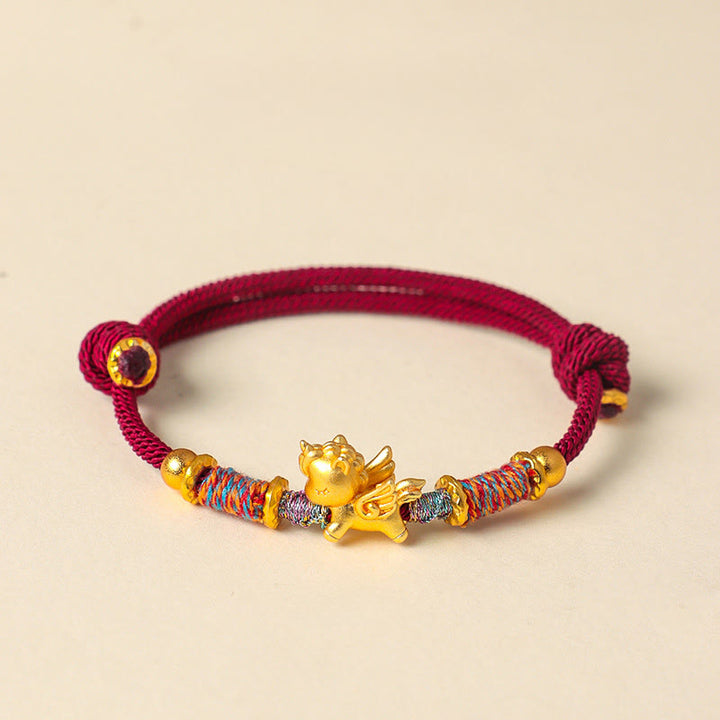 Buddha Stones馬年 999 スターリングシルバー メッキ 金編み紐守護ブレスレット - ダークレッドロープ（手首周り：15～18cm） - image 1