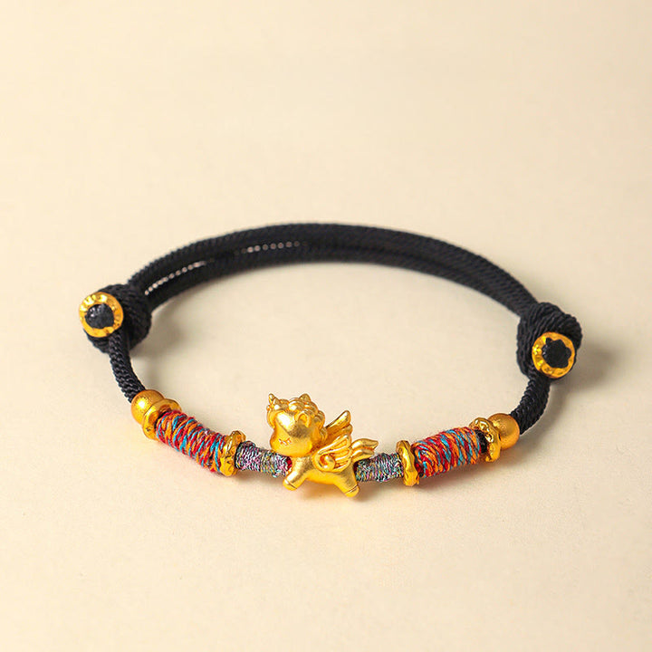 Buddha Stones馬年 999 スターリングシルバー メッキ 金編み紐守護ブレスレット - 黒ロープ（手首周り：15～18cm） - image 16
