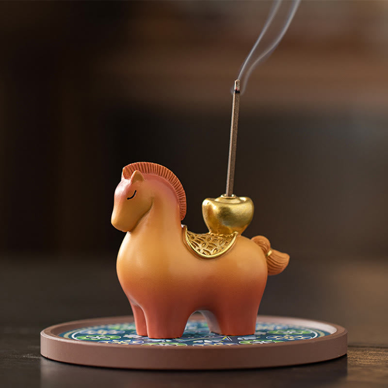 2026年午年Buddha Stones新年インゴット富を引き寄せるホームデコレーション香炉 - 馬インゴット香炉 青台座（10×10×6cm） - image 3