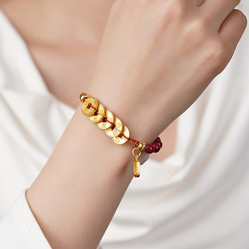 Buddha Stones五帝銭 銅 アメジスト 辰砂 黒赤紐バランス幸運繁栄引き寄せ ブレスレット - image 18