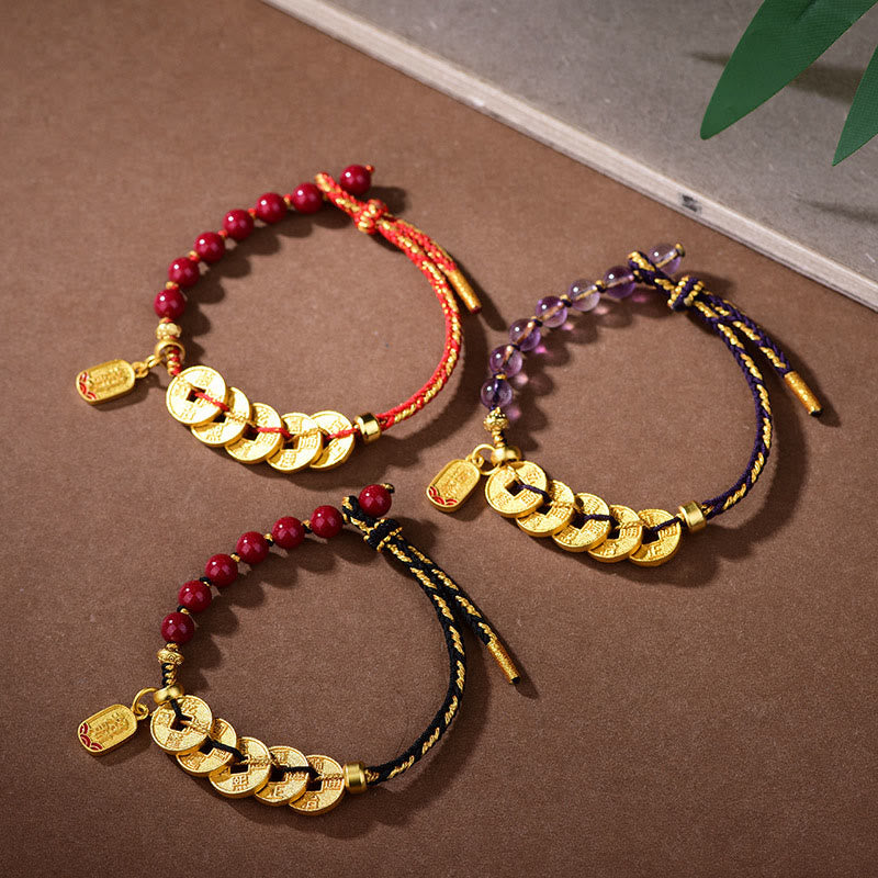 Buddha Stones五帝銭 銅 アメジスト 辰砂 黒赤紐バランス幸運繁栄引き寄せ ブレスレット - image 23