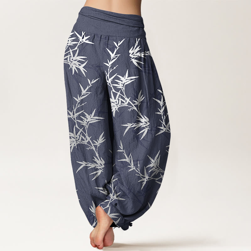 Buddha Stones純綿 ホワイト 竹の葉 レディース 伸縮性ウエスト ハーレムパンツ - image 6