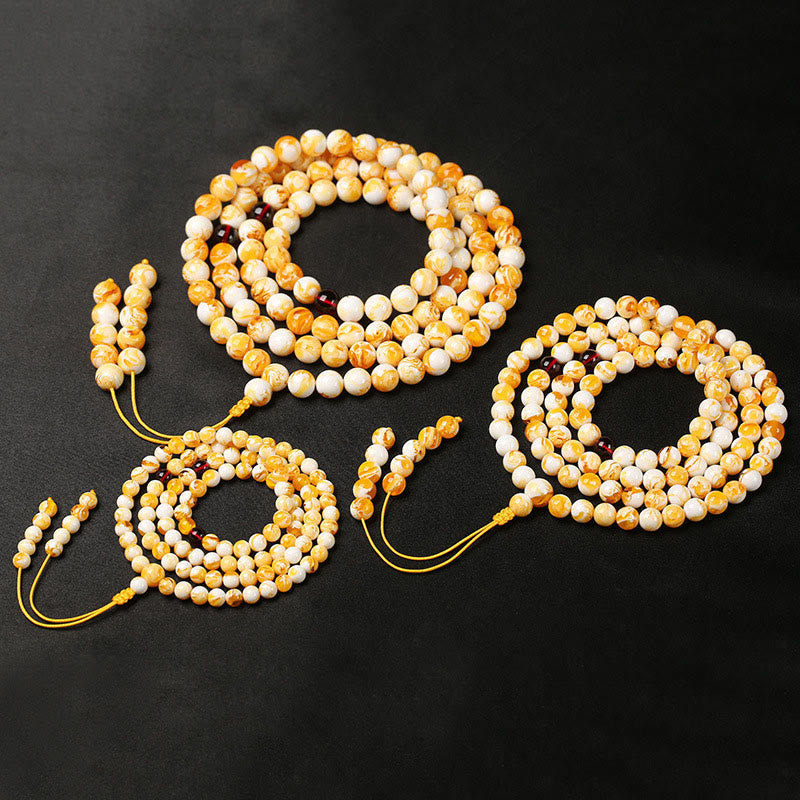 Buddha Stonesチベット ホワイトイエロー 108 ビーズ アンバーマーラー数珠 - image 8