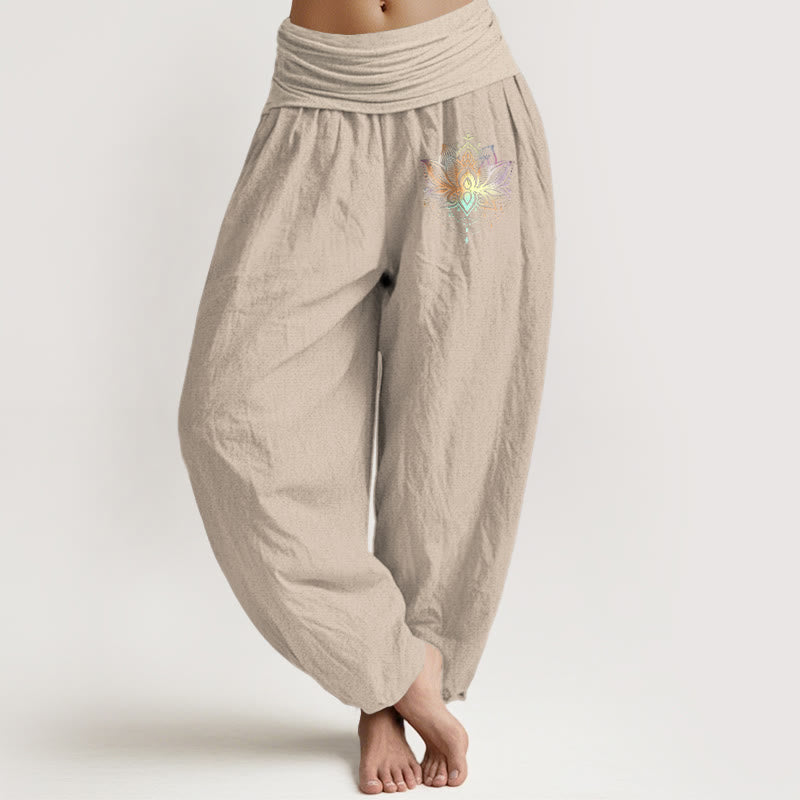 Buddha Stones純綿 虹色 蓮柄 レディース 伸縮性ウエスト ハーレムパンツ - タン - US22、 UK/AU26、 EU54 (6XL) - image 11