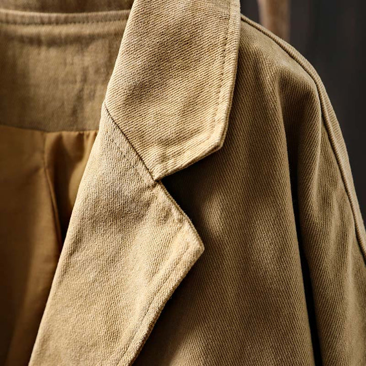 Buddha Stones春秋ボタン付きラペルカラー長袖ミドル丈コットンレディースジャケットポケット付き - image 5