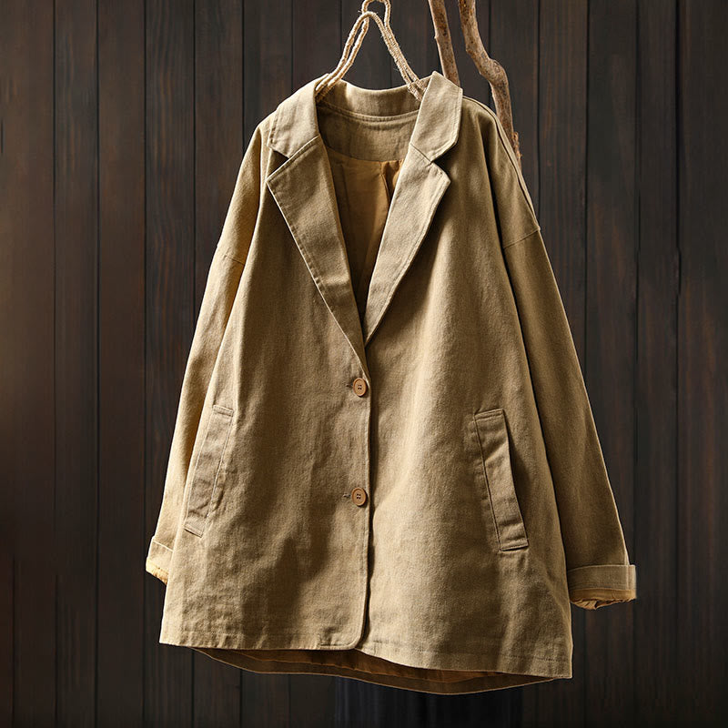 Buddha Stones春秋ボタン付きラペルカラー長袖ミドル丈コットンレディースジャケットポケット付き - image 1