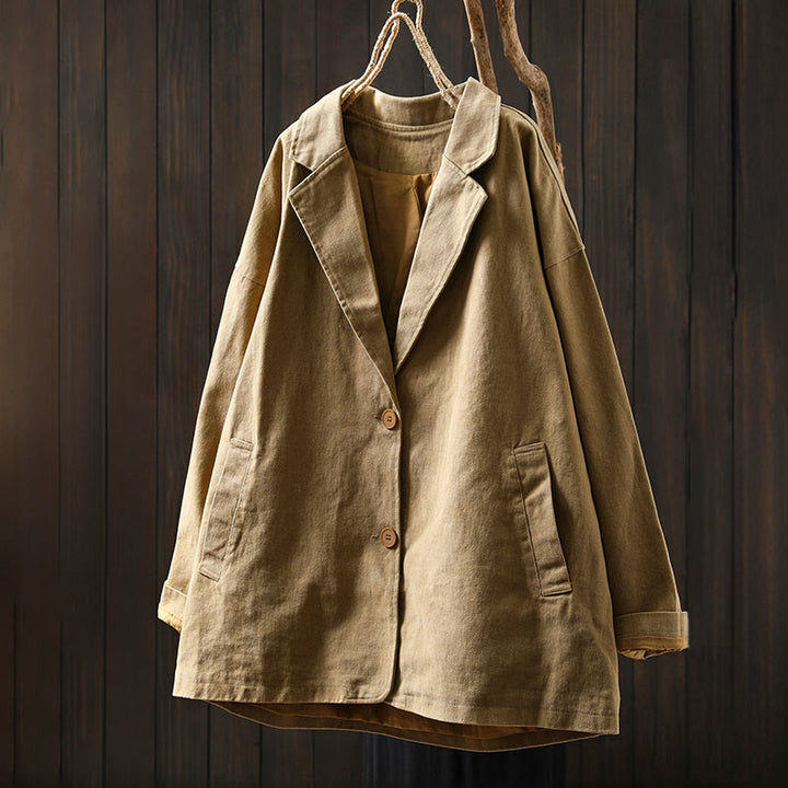 Buddha Stones春秋ボタン付きラペルカラー長袖ミドル丈コットンレディースジャケットポケット付き - image 1