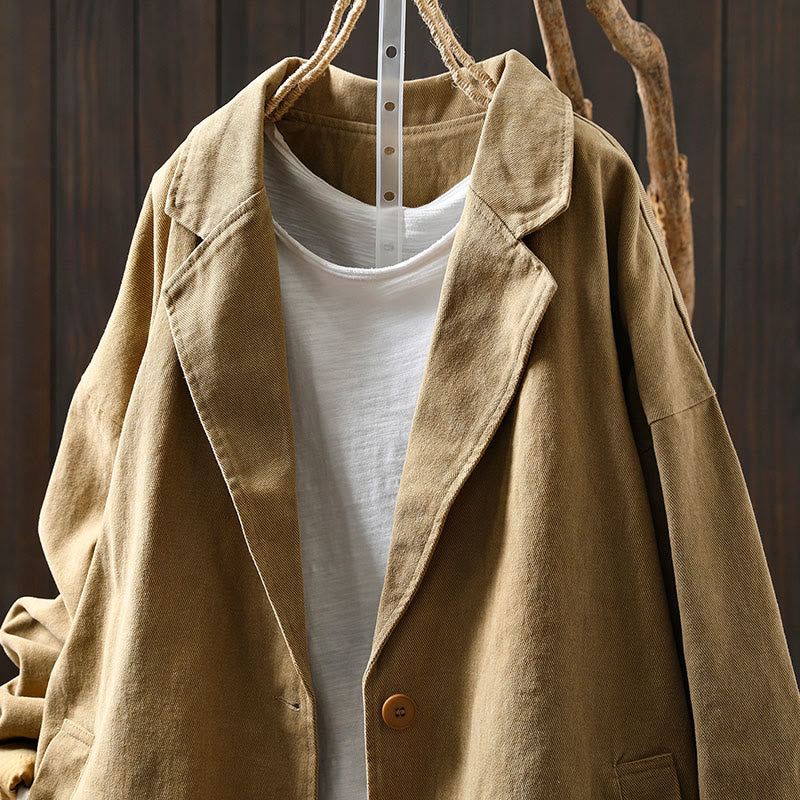 Buddha Stones春秋ボタン付きラペルカラー長袖ミドル丈コットンレディースジャケットポケット付き - image 3