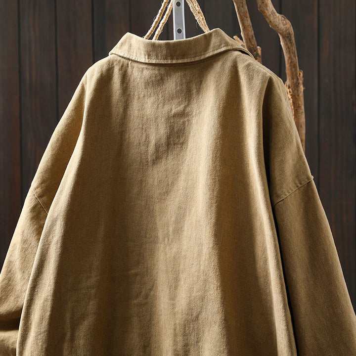 Buddha Stones春秋ボタン付きラペルカラー長袖ミドル丈コットンレディースジャケットポケット付き - image 4