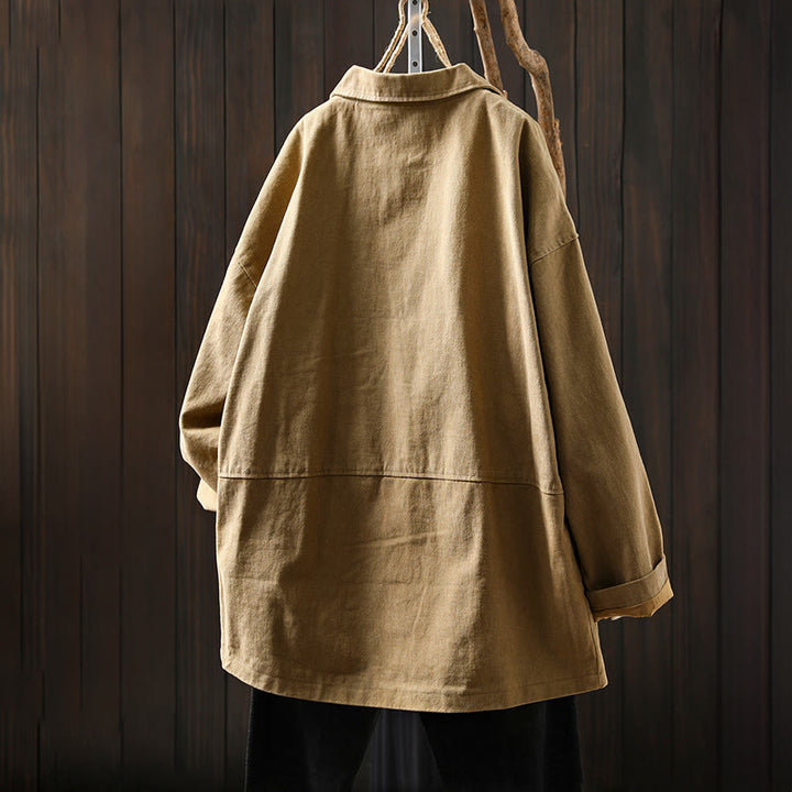 Buddha Stones春秋ボタン付きラペルカラー長袖ミドル丈コットンレディースジャケットポケット付き - image 2