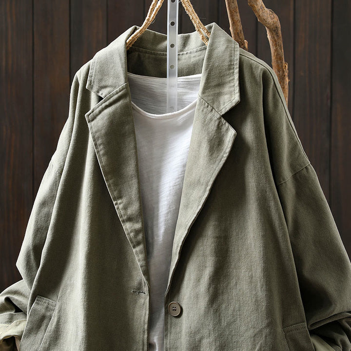 Buddha Stones春秋ボタン付きラペルカラー長袖ミドル丈コットンレディースジャケットポケット付き - image 19