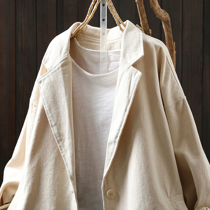 Buddha Stones春秋ボタン付きラペルカラー長袖ミドル丈コットンレディースジャケットポケット付き - image 15