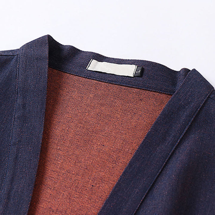 Buddha Stones無地 レースアップ オープンフロント 七分袖 ジャケット メンズ デニム コットン 着物 - image 3