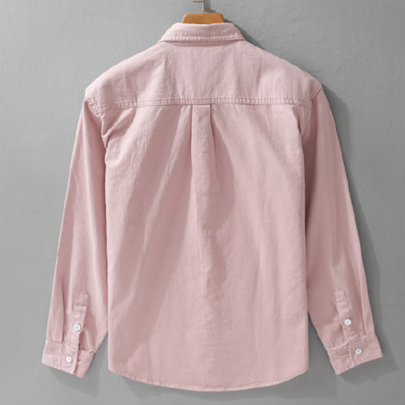 Buddha Stones無地ボタンダウン 装飾ポケット付き メンズ スタンドカラー 長袖 コットンシャツ - image 2