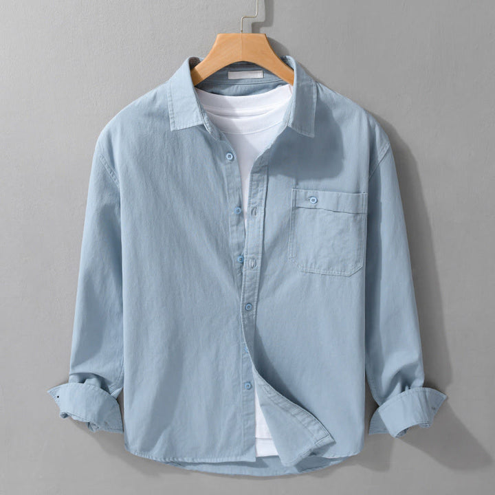Buddha Stonesカジュアル 無地 ボタンダウン 装飾ポケット メンズ スタンドカラー 長袖 コットンシャツ - スカイブルー - US/UK/AU42、 EU52 (3XL) - image 5