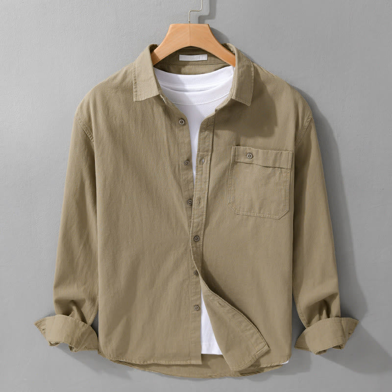 Buddha Stonesカジュアル 無地 ボタンダウン 装飾ポケット メンズ スタンドカラー 長袖 コットンシャツ - タン - US/UK/AU42、 EU52 (3XL) - image 10