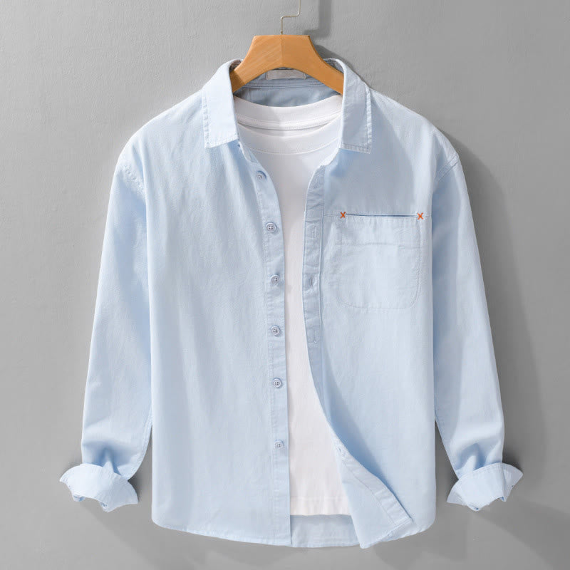 Buddha Stones春 無地 ボタンダウン 装飾ポケット メンズ スタンドカラー 長袖 コットンシャツ - ライトブルー - US/UK/AU42、 EU52 (3XL) - image 0