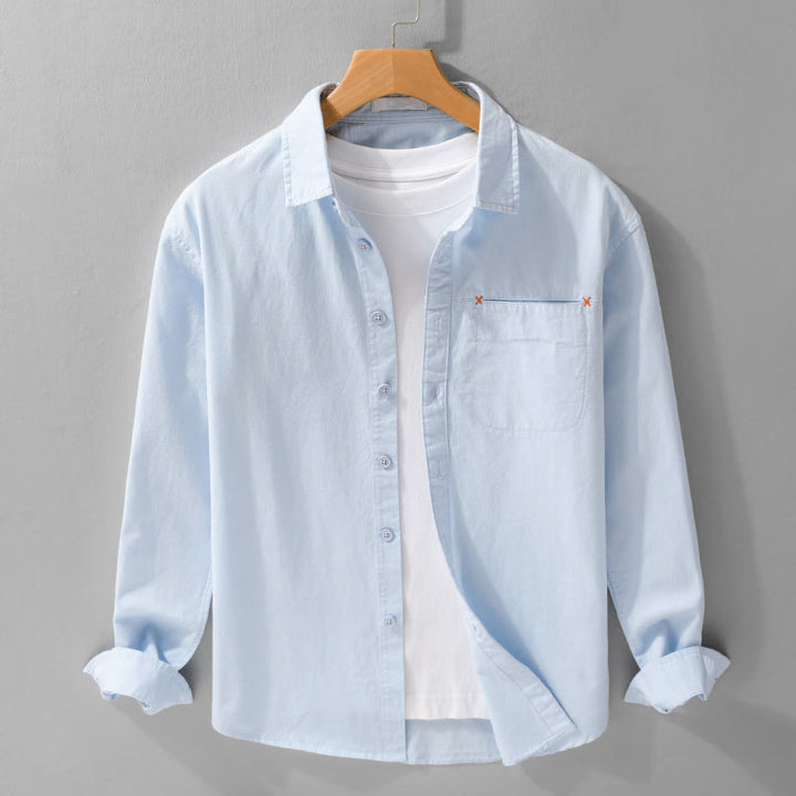 Buddha Stones春 無地 ボタンダウン 装飾ポケット メンズ スタンドカラー 長袖 コットンシャツ - ライトブルー - US/UK/AU42、 EU52 (3XL) - image 0