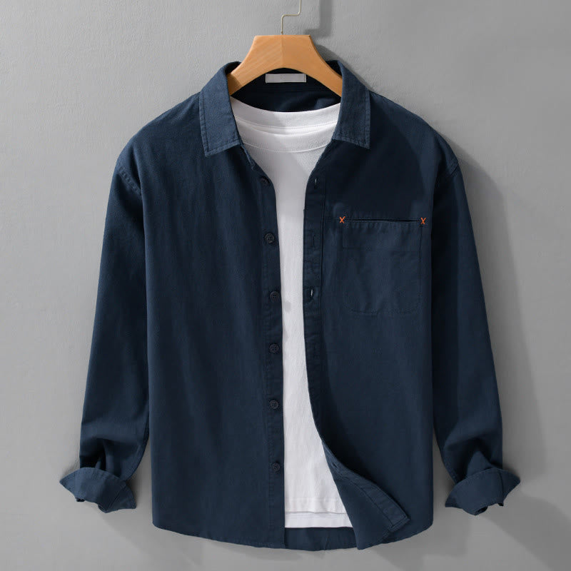 Buddha Stones春 無地 ボタンダウン 装飾ポケット メンズ スタンドカラー 長袖 コットンシャツ - ミッドナイトブルー - US/UK/AU42、 EU52 (3XL) - image 14