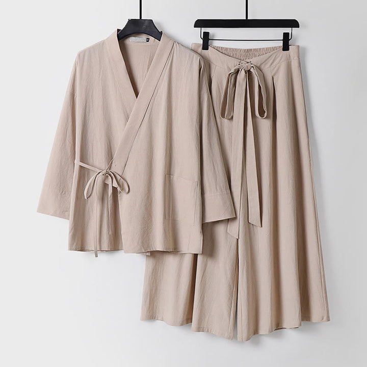 Buddha Stones 2点セット 秋 レースアップ コットン 着物 アンクル丈 ワイドレッグパンツ ポケット付き メンズ 瞑想用ウェア セット - ベージュ - US/UK/AU54、 EU64 (9XL) - image 12