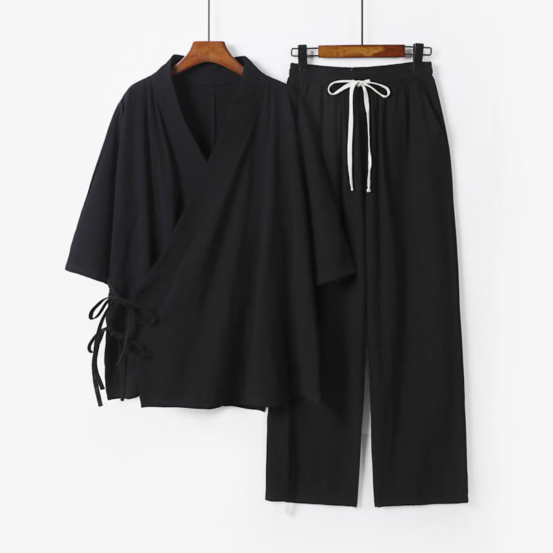 Buddha Stones 2点セット 秋 レースアップ 七分袖 コットン 着物 ドローストリングパンツ ポケット付き メンズ 瞑想用 布セット - 黒 - US/UK/AU54、 EU64 (9XL) - image 4