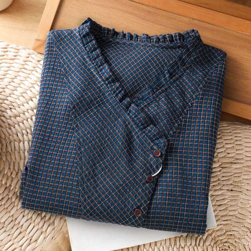 Buddha Stones秋 ブルー チェック柄 Vネック ボタンデザイン レディース コットン 長袖シャツ - image 2