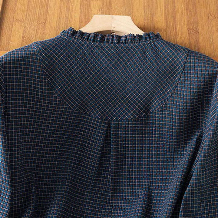 Buddha Stones秋 ブルー チェック柄 Vネック ボタンデザイン レディース コットン 長袖シャツ - image 4