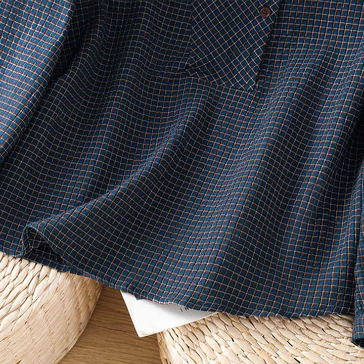 Buddha Stones秋 ブルー チェック柄 Vネック ボタンデザイン レディース コットン 長袖シャツ - image 7