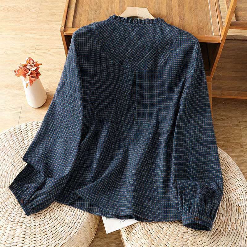 Buddha Stones秋 ブルー チェック柄 Vネック ボタンデザイン レディース コットン 長袖シャツ - image 1