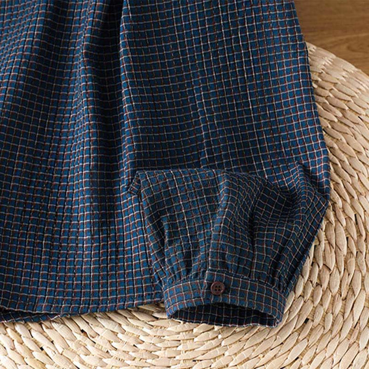 Buddha Stones秋 ブルー チェック柄 Vネック ボタンデザイン レディース コットン 長袖シャツ - image 9