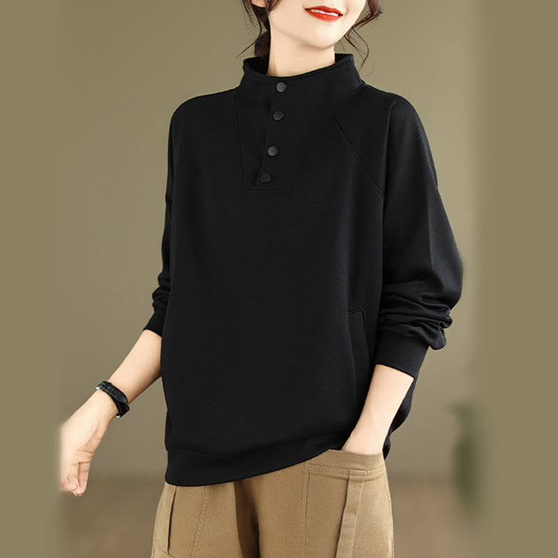 Buddha Stones秋冬 無地 スタンドカラー ボタンデザイン 長袖 レディース コットン スウェットシャツ - image 1