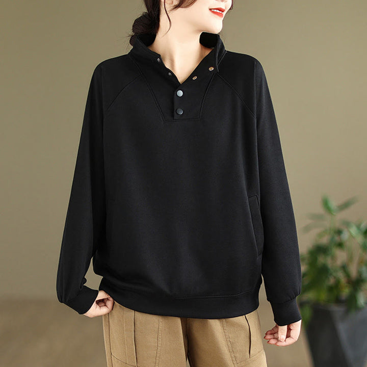Buddha Stones秋冬 無地 スタンドカラー ボタンデザイン 長袖 レディース コットン スウェットシャツ - 黒 - US8-10，UK/AU12-14，EU40-42 (2XL) - image 0