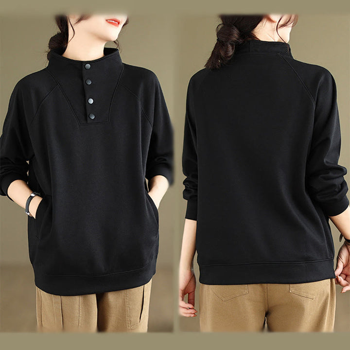 Buddha Stones秋冬 無地 スタンドカラー ボタンデザイン 長袖 レディース コットン スウェットシャツ - image 4