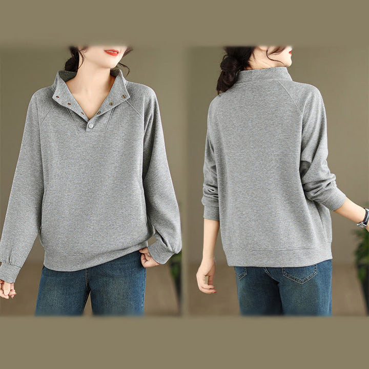 Buddha Stones秋冬 無地 スタンドカラー ボタンデザイン 長袖 レディース コットン スウェットシャツ - image 9