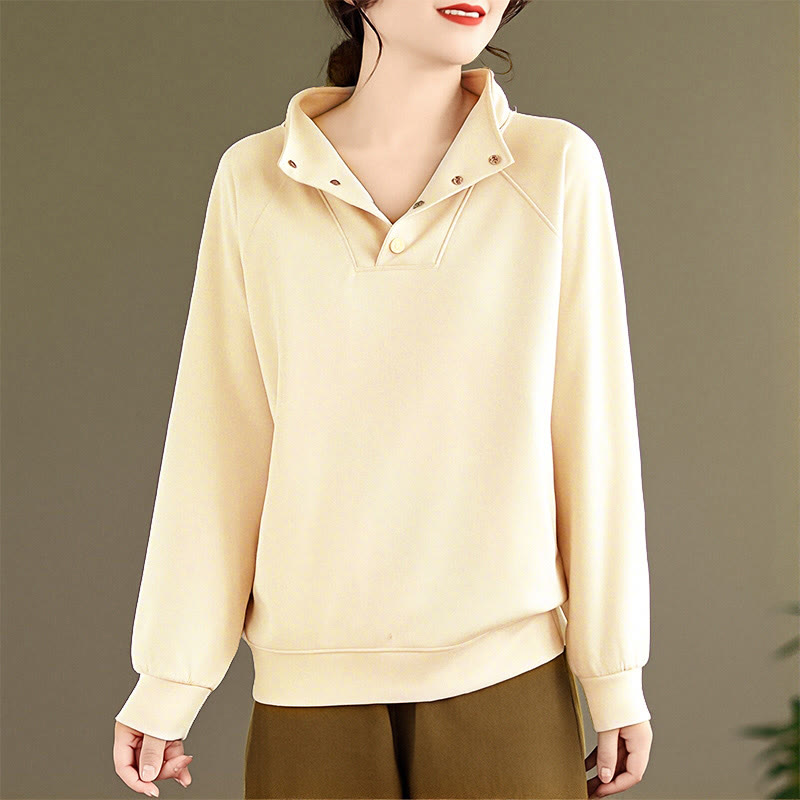 Buddha Stones秋冬 無地 スタンドカラー ボタンデザイン 長袖 レディース コットン スウェットシャツ - image 12